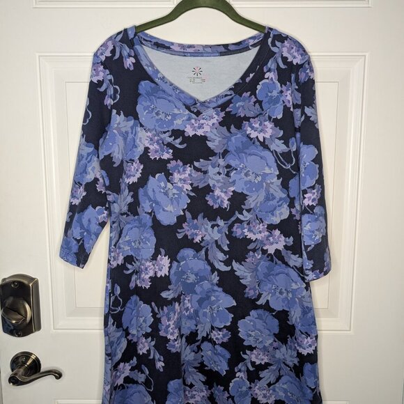Isaac Mizrahi Live! Blue Floral Pima V-Neck Swing Dress Women's Small Petite - Picture 2 of 6
